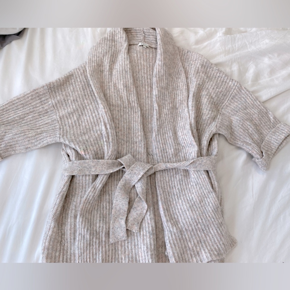 Gray Sweater with pink and white woven details size small